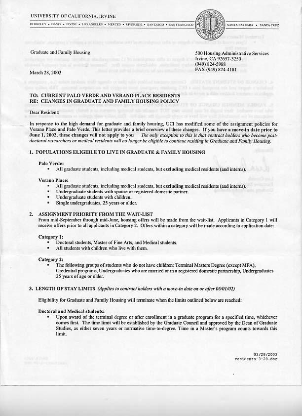 Housing Letter from 2003, Page 1