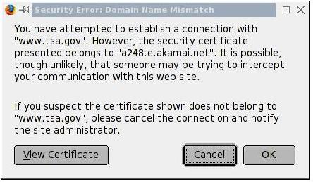 TSA website security warning
